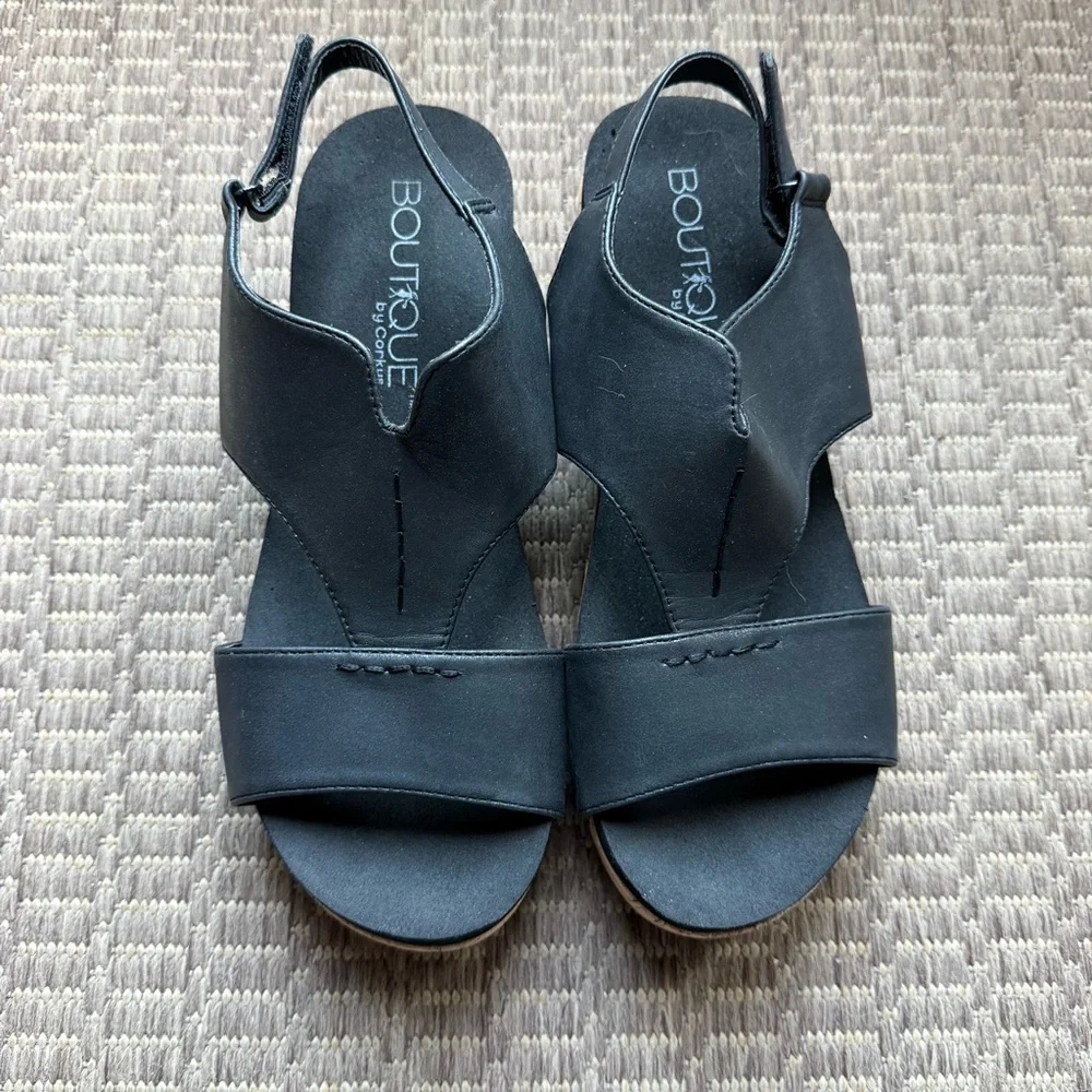 Corkys Boutique Black Wedge Sandals Size 9 Platform Slingback Cork Heel Shoes